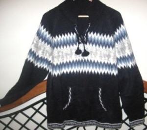 Blauer Kapuzen Pullover aus Alpakawolle
