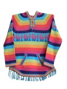 Kapuzen Pullover mit Fransen Rainbow, aus Alpakawolle. Mädchen 8 - 12 Jahre