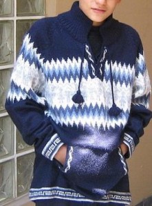 Blauer Kapuzen Pullover, Alpakawolle, 8- 14 Jahre