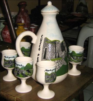 Ceramic jug with 6 cups, Machupicchu decor